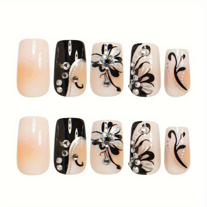 Matte Press On Nails 48 Pieces Black White Square – French Tip Butterfly Pattern Full Cover Detachable False Nails for Women | Elegant Nail Art Gift Set for Valentines Day Holiday Party Wedding