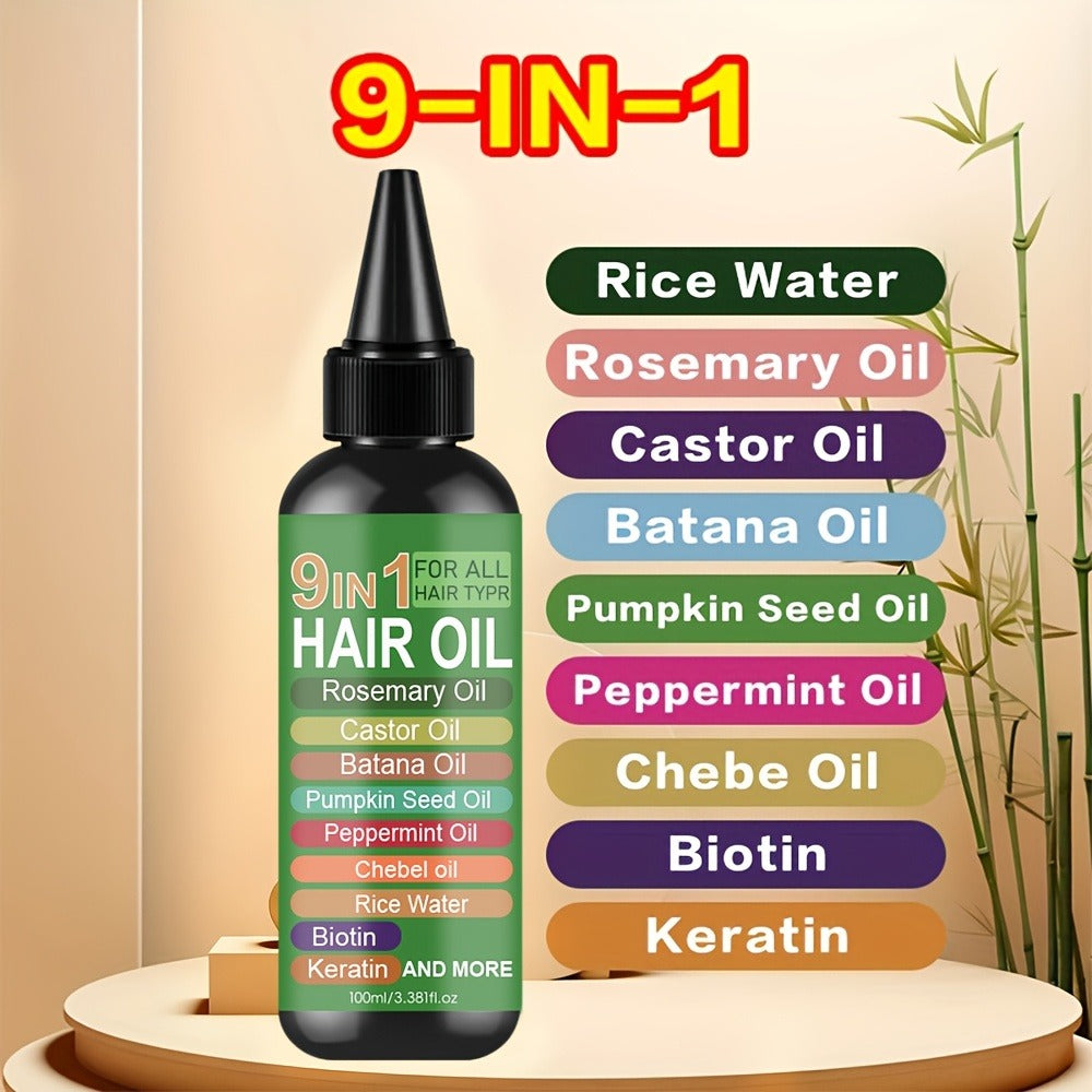 Rosemary 9-in-1 Hair and Scalp Oil, 100ml Nozzle Bottle with Rice Water, Batana, Castor and Biotin Labels