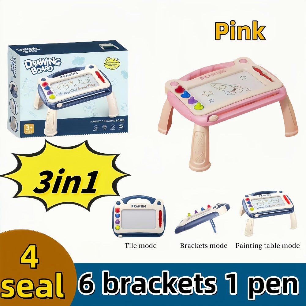 Three-Mode Magnetic Drawing Board with Four Stamps, Brush, Eraser Slider and Six Color Configurations