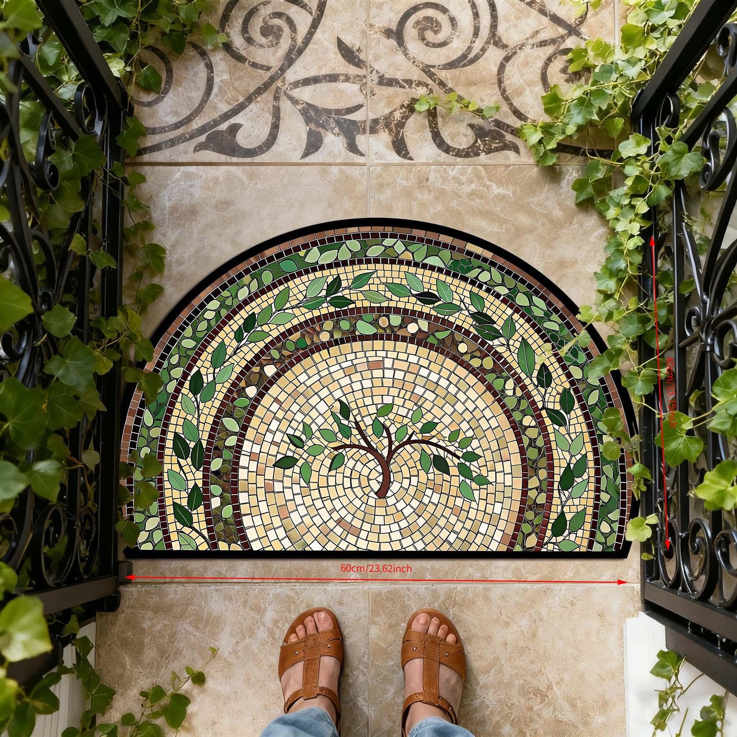 Semicircle Mosaic-Vine Floor Rug with Pictured Green and Cream Pattern in 23.62-by-35.4-Inch Size