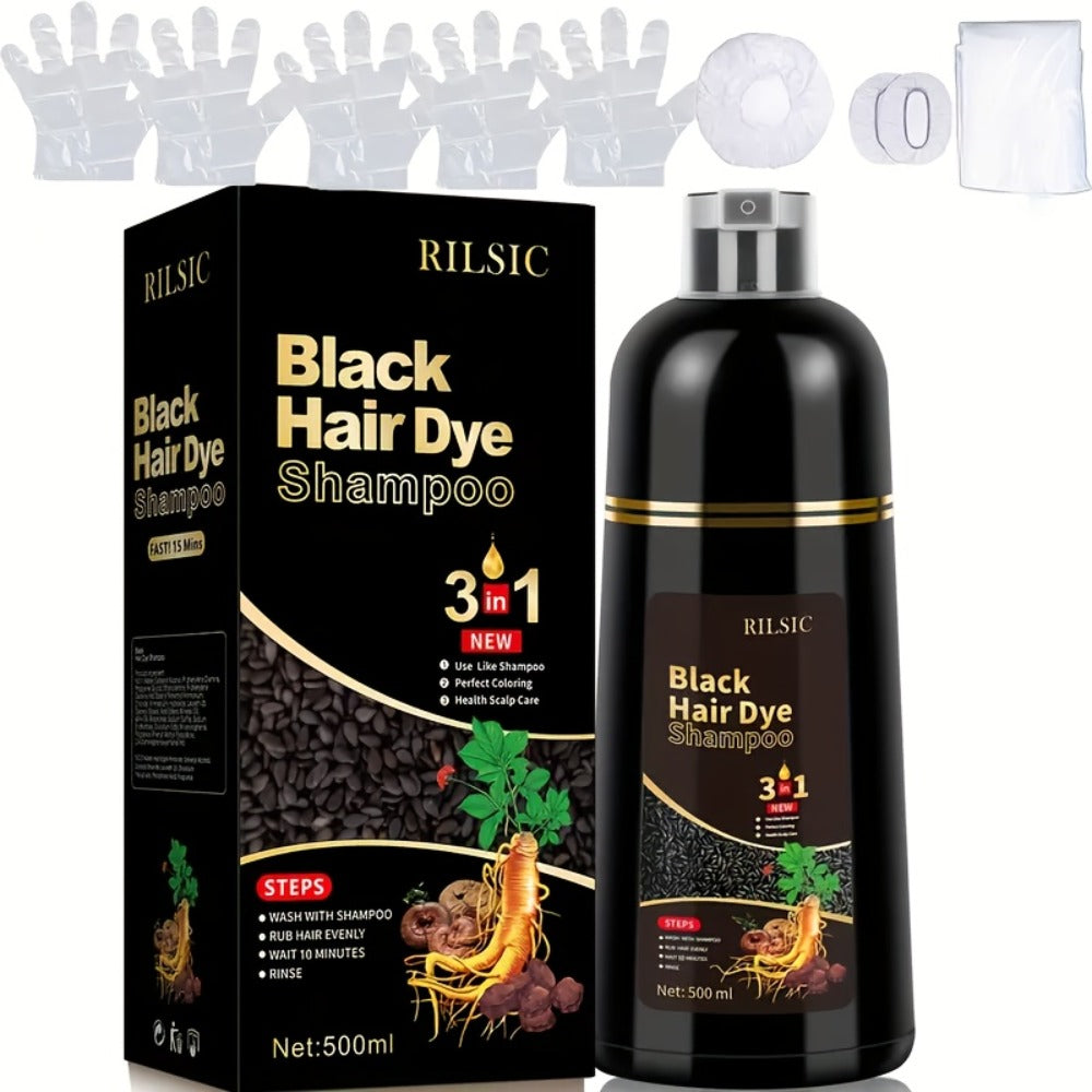 Hair Dye Shampoo, RILSIC 500ml Black 3-in-1 Single Bottle with Pump Dispenser for At-Home Color Application