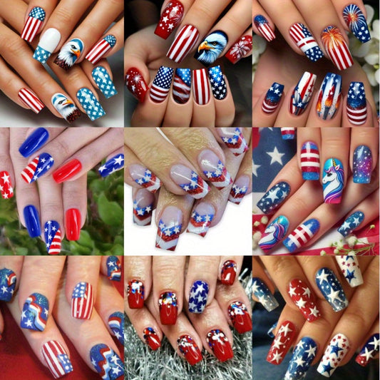 4th of July Press On Nails Coffin Medium 216 Pieces 9 Packs Red White Blue Stars Stripes Patriotic Fake Nails for Women – Glossy Full Cover Independence Day Festive Nail Art Kit