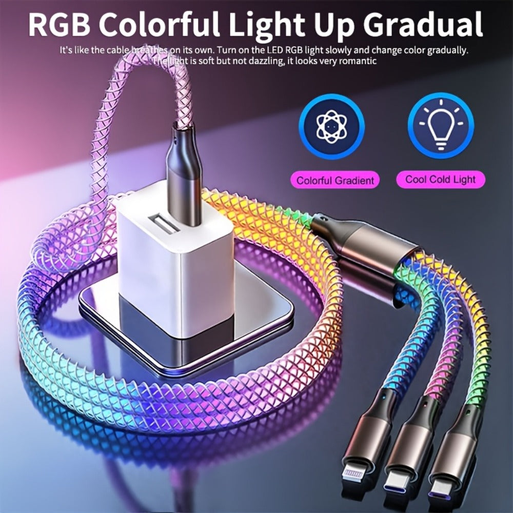 RGB-Lit Braided Charging Cable with USB-A Input and Lightning, USB-C and Micro USB Connector Ends