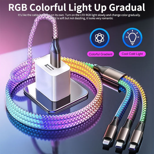 3-in-1 Braided Charging Cable with LED RGB Light, Universal Multi Charger Cord with Lightning, USB-C and Micro USB, Compatible with iPhone, Samsung, Android, iPad and Most Phones