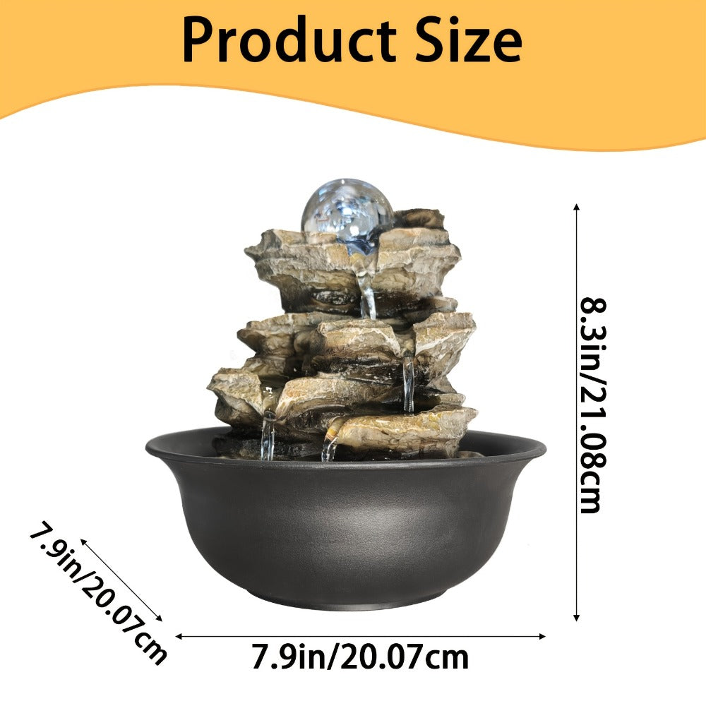Indoor Tabletop Fountain with LED Light, Rolling Crystal-Look Sphere and 8.3 x 7.9 x 7.9-Inch Stone-Look Waterfall Form