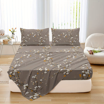 Bed Sheet Set 4-Piece Plum Blossom Floral Polyester with 15-Inch Pocket and Four Color Options