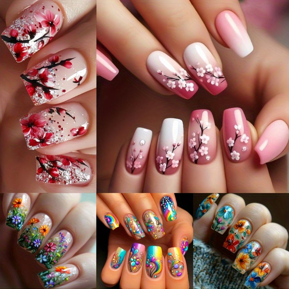 Press On Nails 120-Piece Medium Square Set with Glossy Floral and Striped Designs in Five Packs
