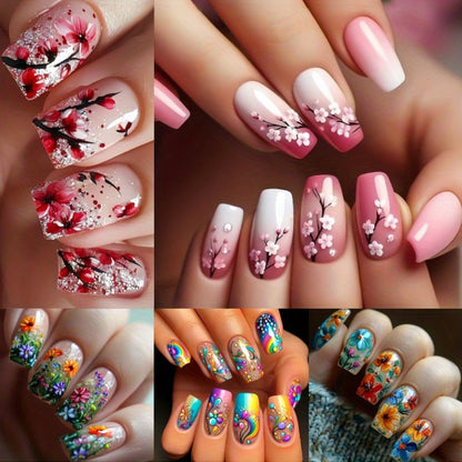 Press On Nails 120-Piece Medium Square Set with Glossy Floral and Striped Designs in Five Packs