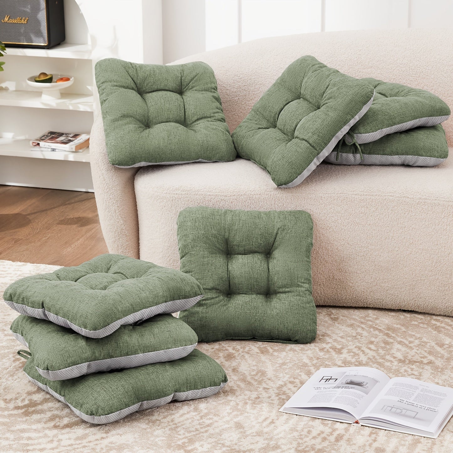 Tufted Chair Cushion Sets in 4- or 8-Piece Options with M/L Sizes, Tie Straps and 12 Color Choices