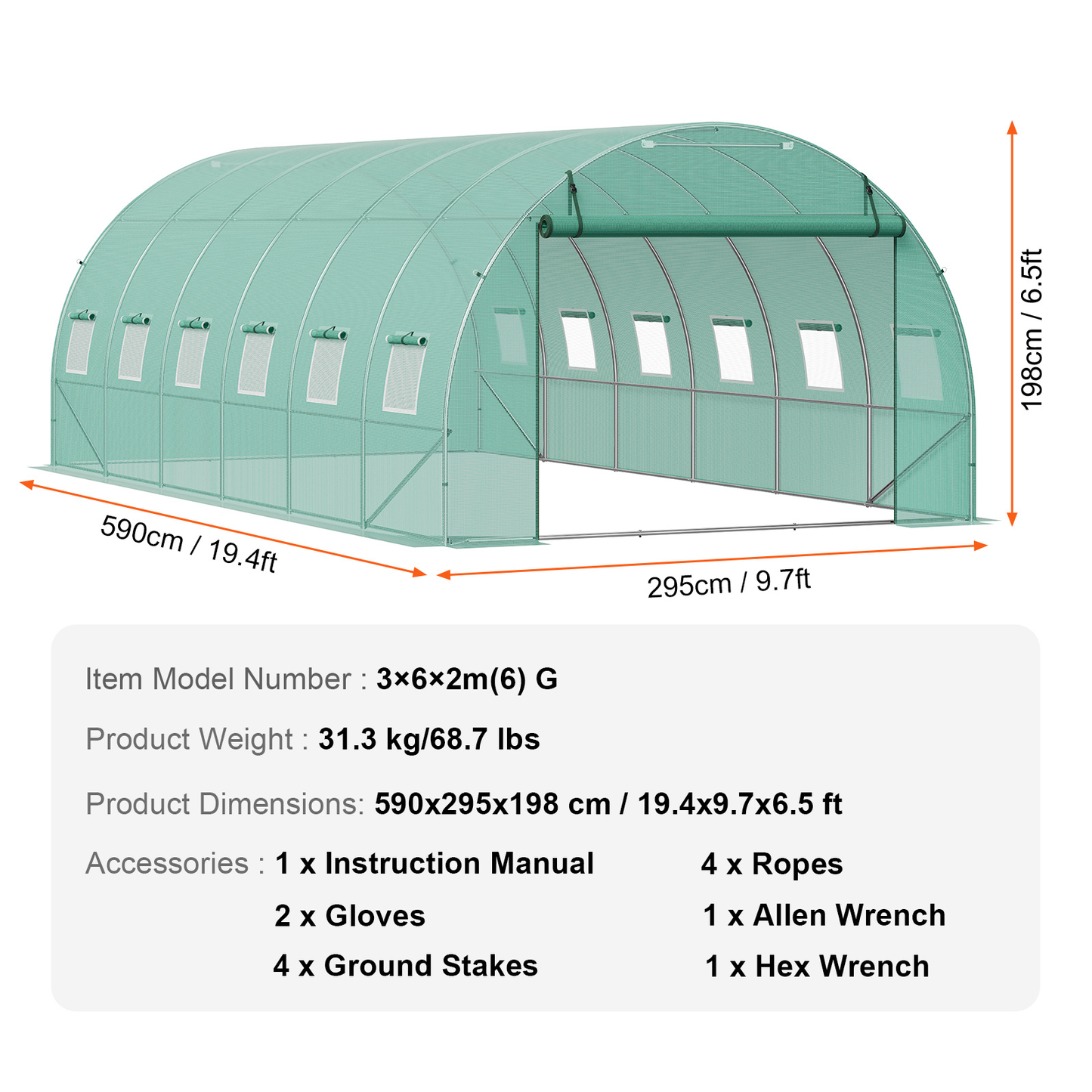 10- to 20-Foot Tunnel Greenhouse with Green Cover, Roll-Up Door and Size-Specific Vent Windows