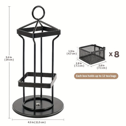Eight-Basket Rotating Tea Bag Organizer with Black Mesh Carousel, 9.4-Inch Height and 4.5-Inch Base