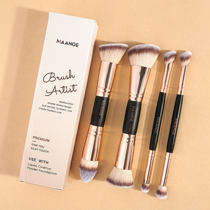 Double-Ended Makeup Brush Set 4Pcs – Bevel Taper Foundation Contour Blush Powder Brushes Professional Travel Makeup Tools Kit for Women Black Beige & Black Gold