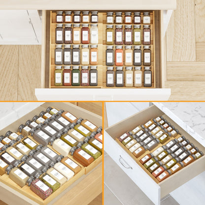 Bamboo Spice Drawer Organizer Expandable 4-Tier | Adjustable Width 12"-23" Fits 3" Deep Drawers | Space-Saving Kitchen Cabinet Seasoning Storage Tray for Spice Jars Bottles