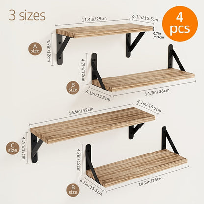 Floating Shelves Wall Mounted 4-Pack, Decorative Wall Shelves for Bedroom, Living Room, Bathroom & Plants