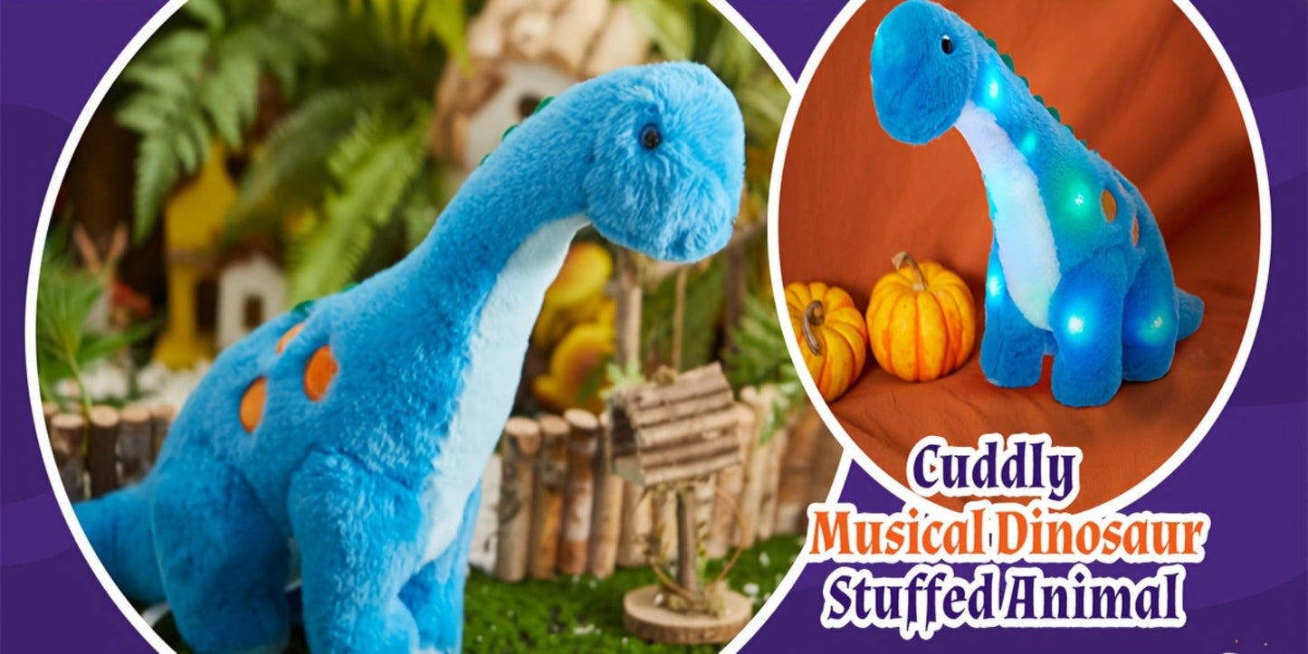 Plush Toy Blue Dinosaur with LED Glow and Optional Music for Colorful Interactive Display for Character Display, Room Decor and Gift