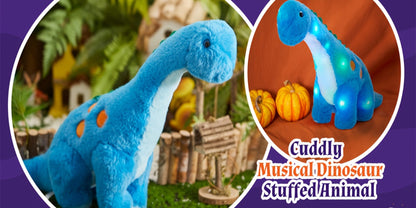 Plush Toy Blue Dinosaur with LED Glow and Optional Music for Colorful Interactive Display for Character Display, Room Decor and Gift