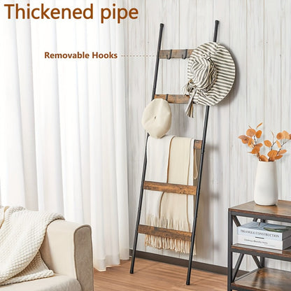 Five-Tier Brown Blanket Ladder with Ten Removable Hooks in One- or Two-Piece Checkout Options