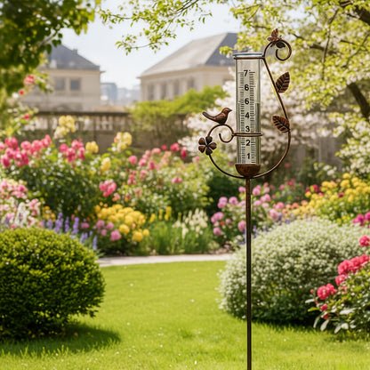 Decorative Eight-Inch Outdoor Rain Gauge with Bird Ornament and Spiral Metal Stake in Black or Bronze
