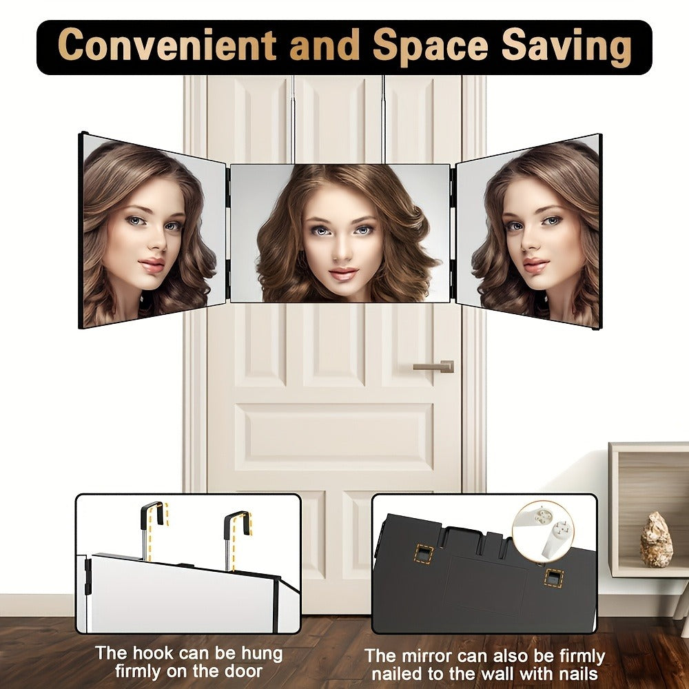 3 Way Mirror for Self Hair Cutting with LED Lights, 360° View Anti-Fog HD Glass USB Rechargeable Folding Barber Mirror for Home Salon