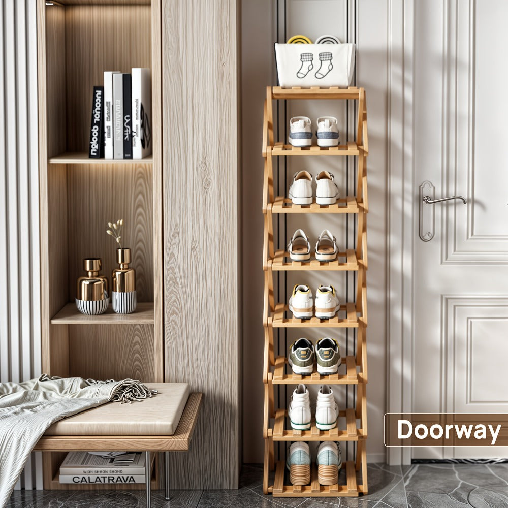 Foldable Bamboo-Labeled Shoe Rack with Six- or Eight-Tier Primary and Brown Checkout Options