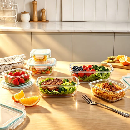 Sixteen-Piece Glass Food Storage Set with Eight Bowls and Eight Lids in Four Color Configurations