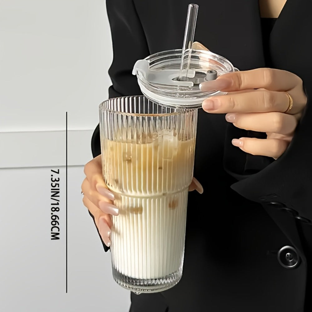Vintage Striped Drinking Glasses with Glass Straws – 19oz High Borosilicate Iced Coffee Cups Set for Juice, Smoothies & Parties, Thick & Durable Glassware Gift Set (2 or 4 Pack)