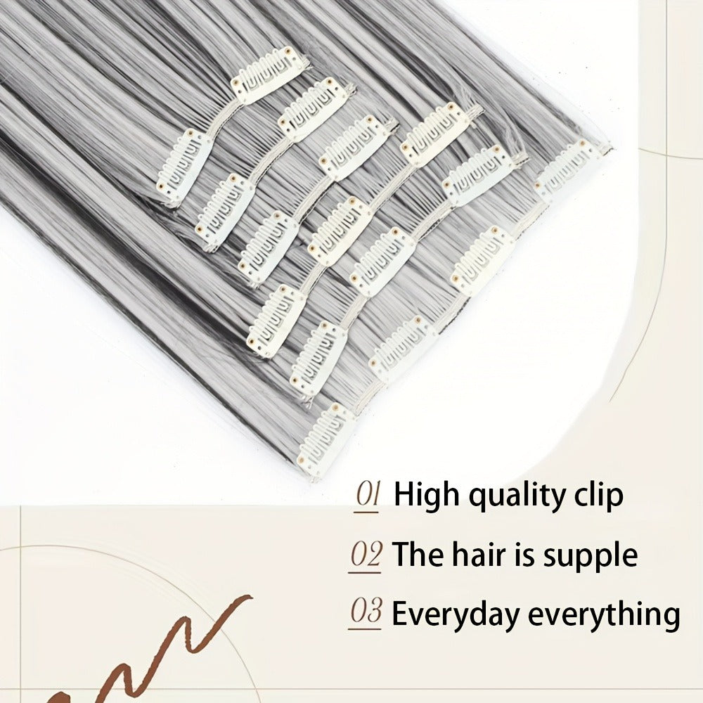 24-Inch Clip-In Hair Extension Set with Six Wefts and 16 Clips in Black or Mixed Color Options