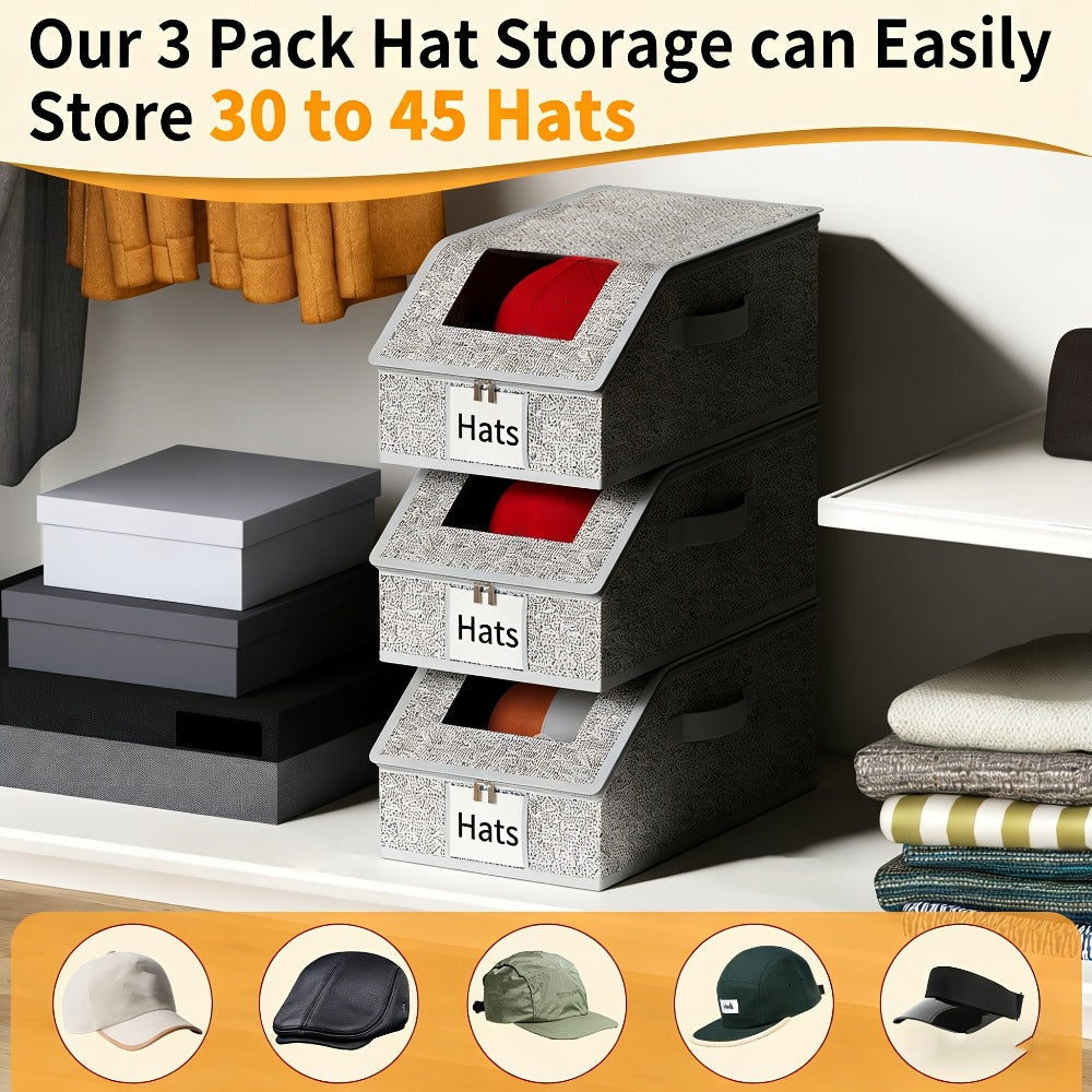Baseball Cap Storage Box 2 Pack – Foldable Stackable Zippered Hat Organizer, Large Capacity Dustproof Closet Storage for Caps, Hats & Clothes, Durable Fabric