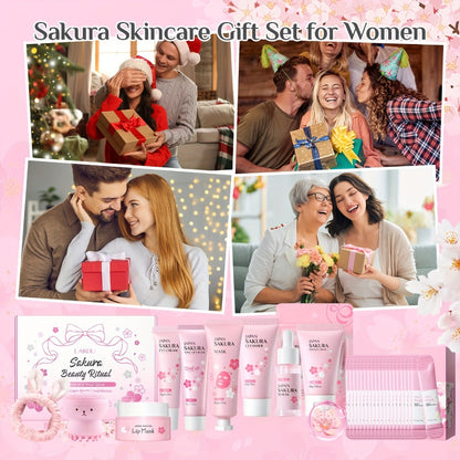 Cherry Blossom Sakura Skincare Gift Set Complete 9-Step Routine — Essence Cream Cleanser Toner Eye Cream Mud Mask Exfoliating Mask Eye Mask Lip Balm for Women Birthday Gift
