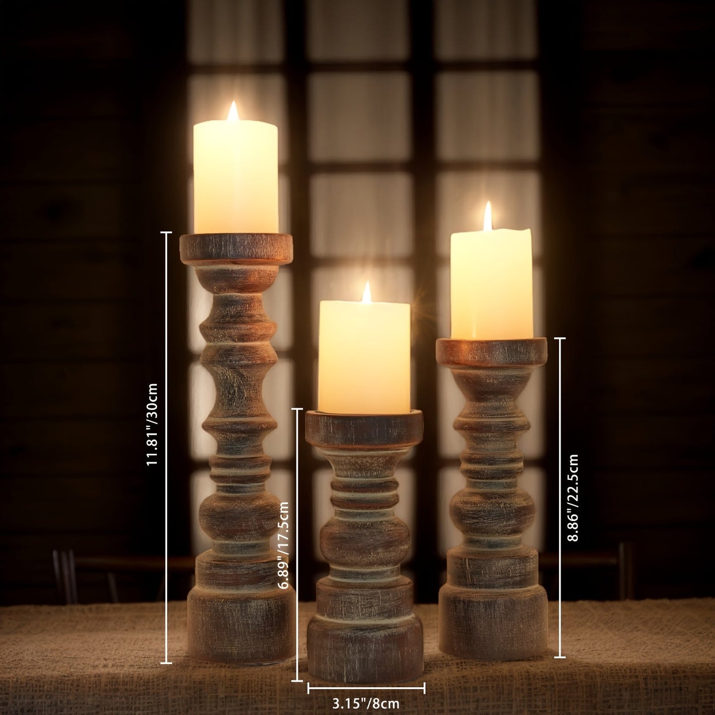 Candle Holder Set of 3 Graduated Brown Wood Pillar Stands with Turned Farmhouse Profiles for Tabletop Displays