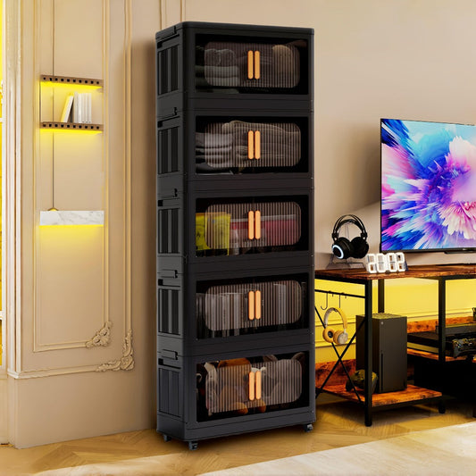 Storage Cart 4 or 5-Tier Enclosed Plastic Organizer with Double Doors, Folding Panels and Lockable Wheels