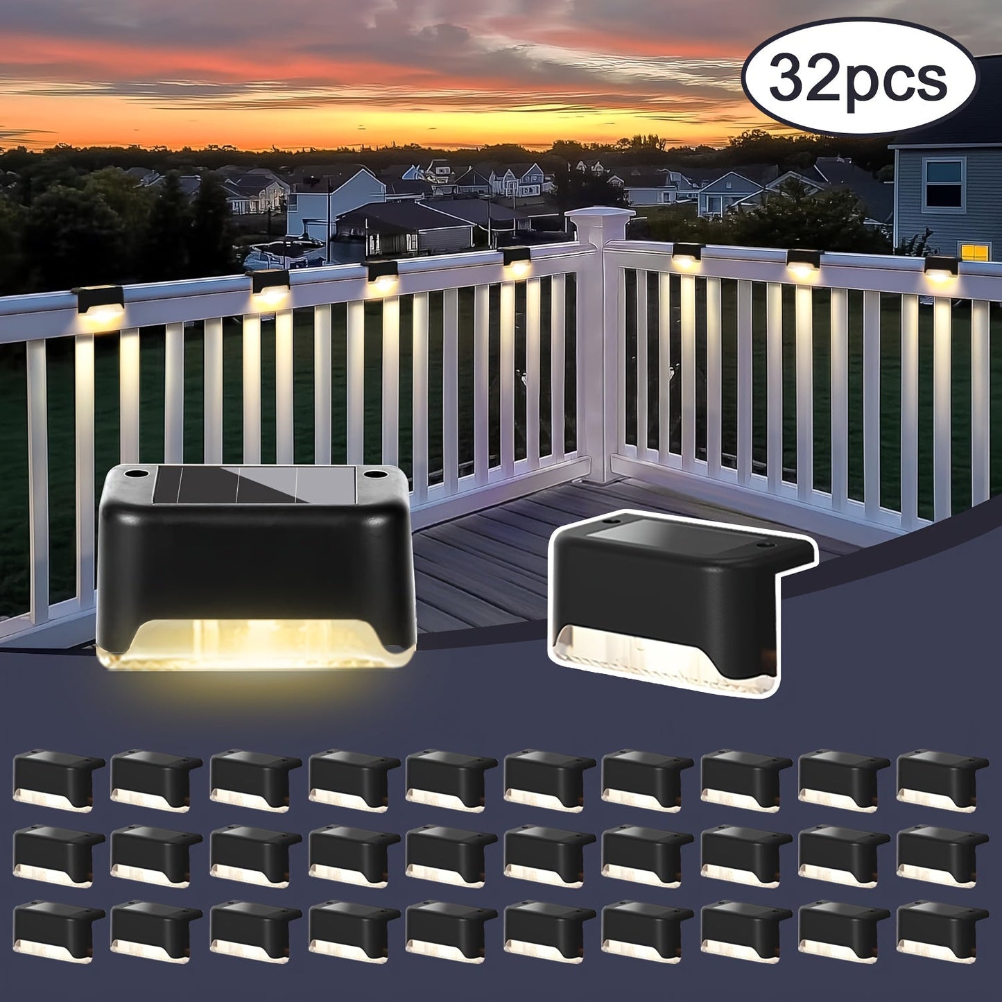 Solar Deck and Step Lights, 8- to 32-Piece Packs in Black, White or Brown with Integrated Panels