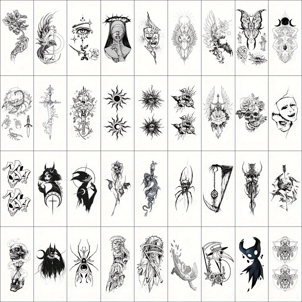 Temporary Tattoos GLARYYEARS 48-Piece Black Skull, Snake and Dark Art Set with 12 Large and 36 Small Sheets
