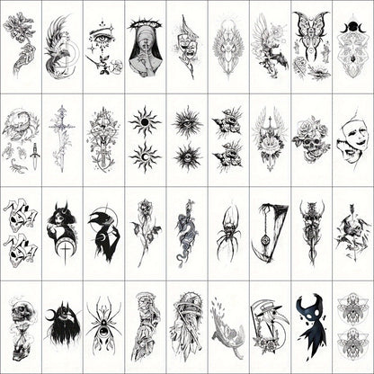 Temporary Tattoos GLARYYEARS 48-Piece Black Skull, Snake and Dark Art Set with 12 Large and 36 Small Sheets