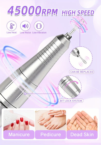 45000RPM Electric Nail Drill Machine Rechargeable Cordless with LCD Display Professional Nail File Drill for Acrylic Gel Nails Cuticle Removal Manicure Pedicure Polisher Home Salon Women Pink White