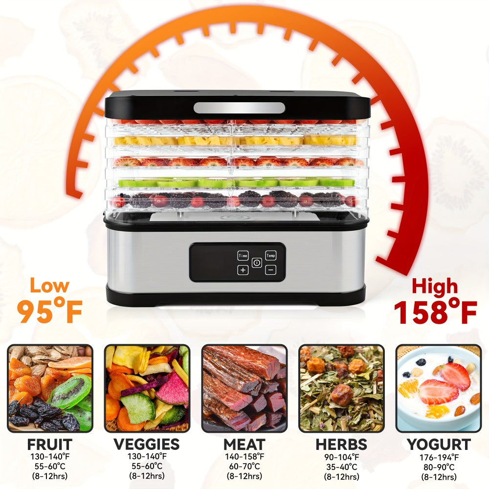 Five-Tray Stackable Food Dehydrator with 240W Heating, 95–158°F Control and Silver or Green Options