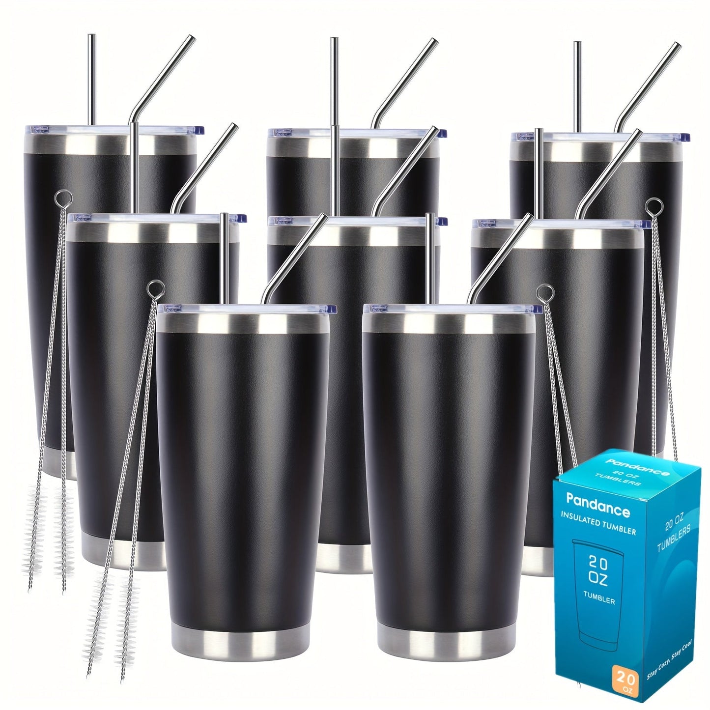 Stainless Steel Insulated Tumblers with Lid and Straw Bulk 20oz 304 Double Wall Vacuum Travel Mug for Hot Iced Coffee Drinks Water Cup Set 8pcs 12pcs 24pcs White Navy Blue Red Silver Black Mix