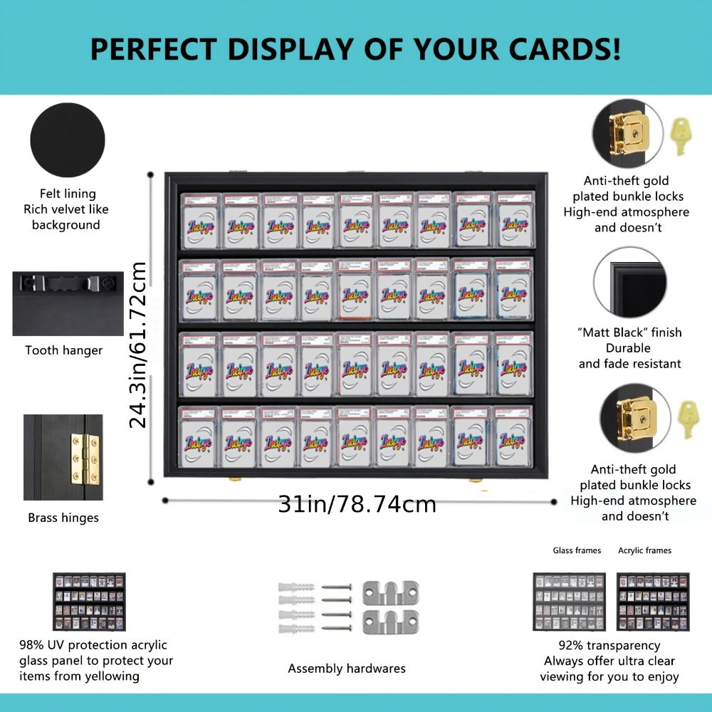 Black 36-Slot Wall Display Frame for Graded Sports Cards with Two Locks and One-, Two- or Three-Case Options