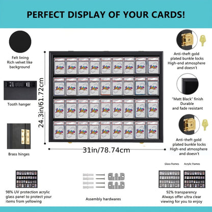 Black 36-Slot Wall Display Frame for Graded Sports Cards with Two Locks and One-, Two- or Three-Case Options