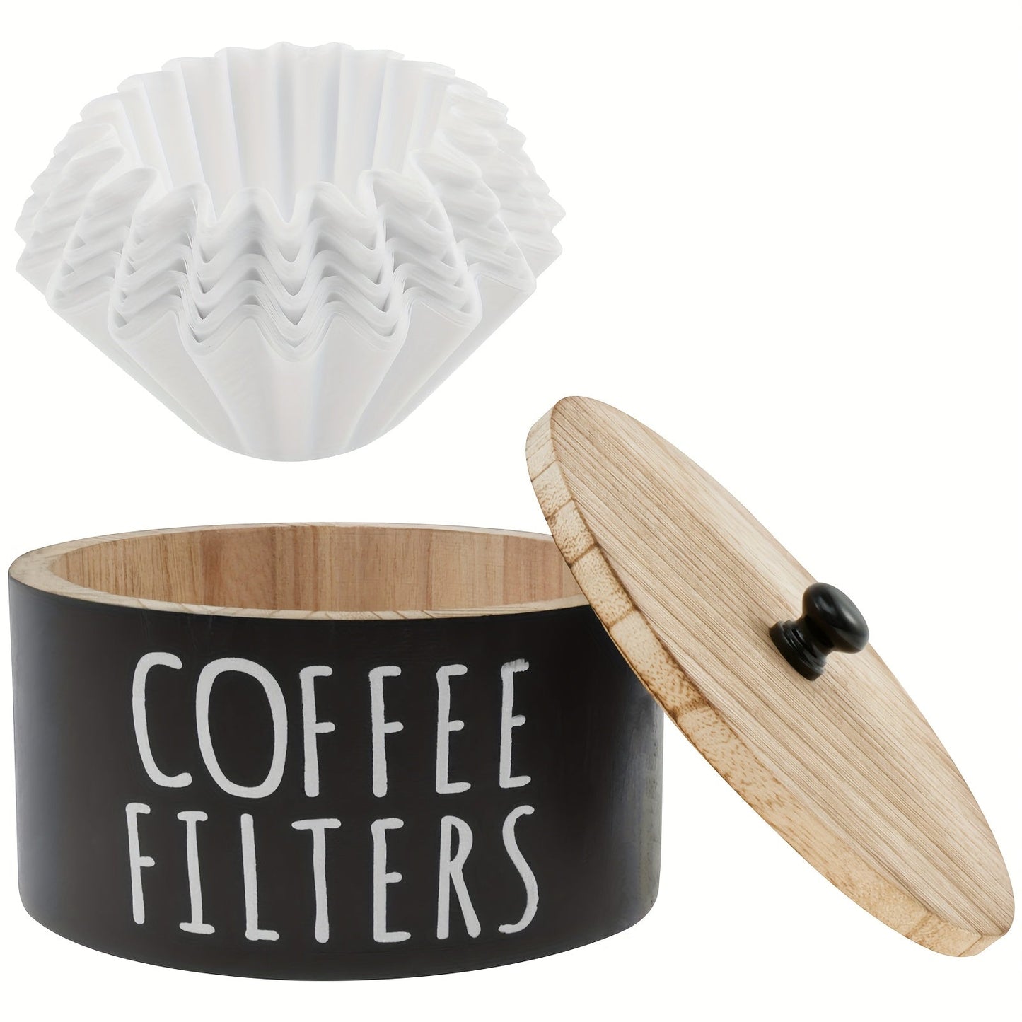 Wooden Coffee Filter Holder with Lid – Large Capacity Rustic Round Organizer Dispenser for Coffee Filters & Tea Bags, Bamboo Lid, Kitchen Countertop Coffee Bar Decor