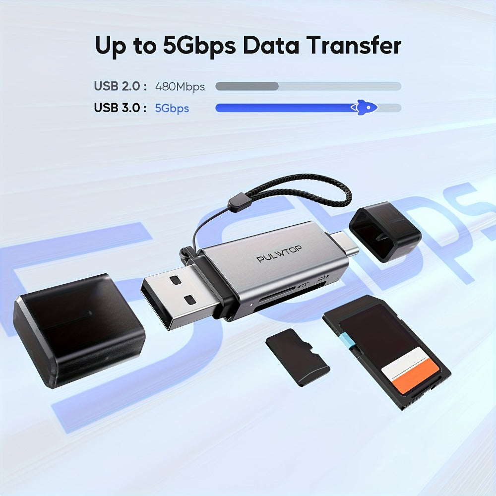 SD Card Reader USB 3.0 & USB-C Dual Slot Adapter for SD Micro SD SDHC SDXC MMC – PUWLTOP 5Gbps High-Speed Memory Card Reader, Plug & Play, Compatible with iPhone 15/16, MacBook, Laptop, Android OTG