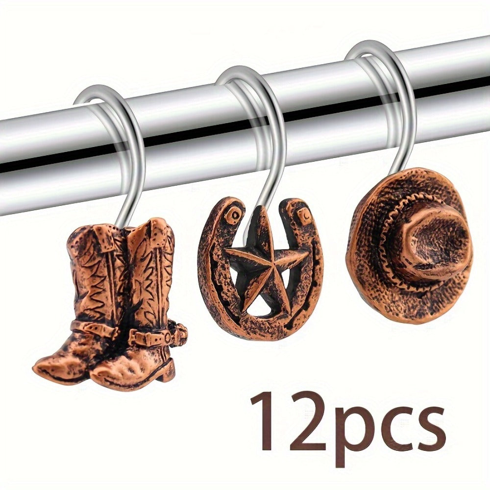 12-Piece Western Shower Curtain Hook Set with Boot, Star and Hat Motifs in Two Finish Options
