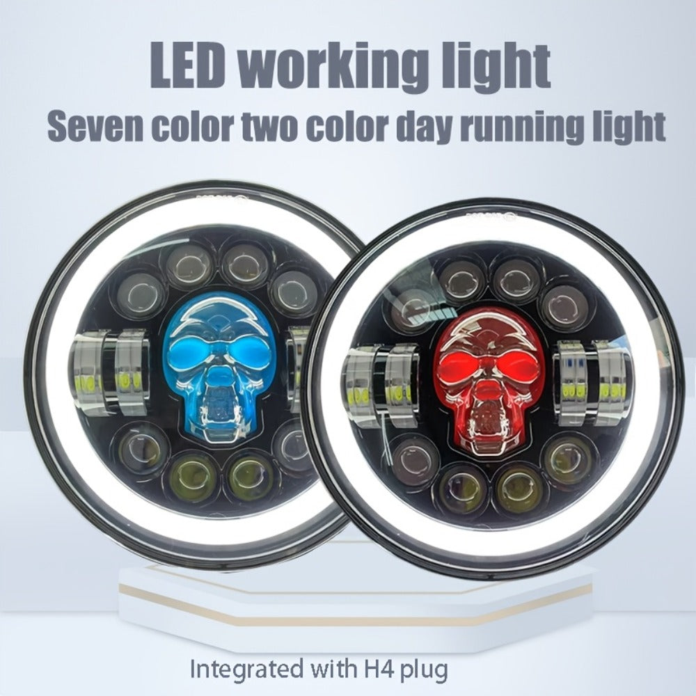 7 Inch Motorcycle LED Headlight Skull Ghost Design - Colorful Demon Eye Round Head Lamp, Custom Car Headlight Modification Front Light for Motorcycle Jeep Truck