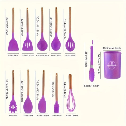Silicone Kitchen Utensil Set 13 Piece with Wooden Handles Non-Stick Safe Heat Resistant Cooking Tools Spatula Spoon Ladle Set for Cooking Baking Dorm Essentials