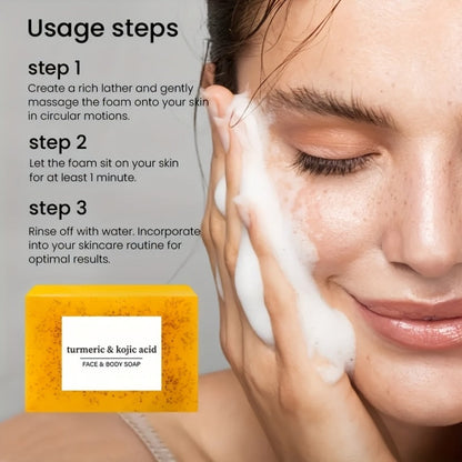 Kojic Acid Soap Set with Turmeric & Lemon – Handmade Cold-Processed Brightening Bars for Face & Body, Deep Cleansing & Hydrating, All Skin Types, Includes Foaming Net & Bath Tools