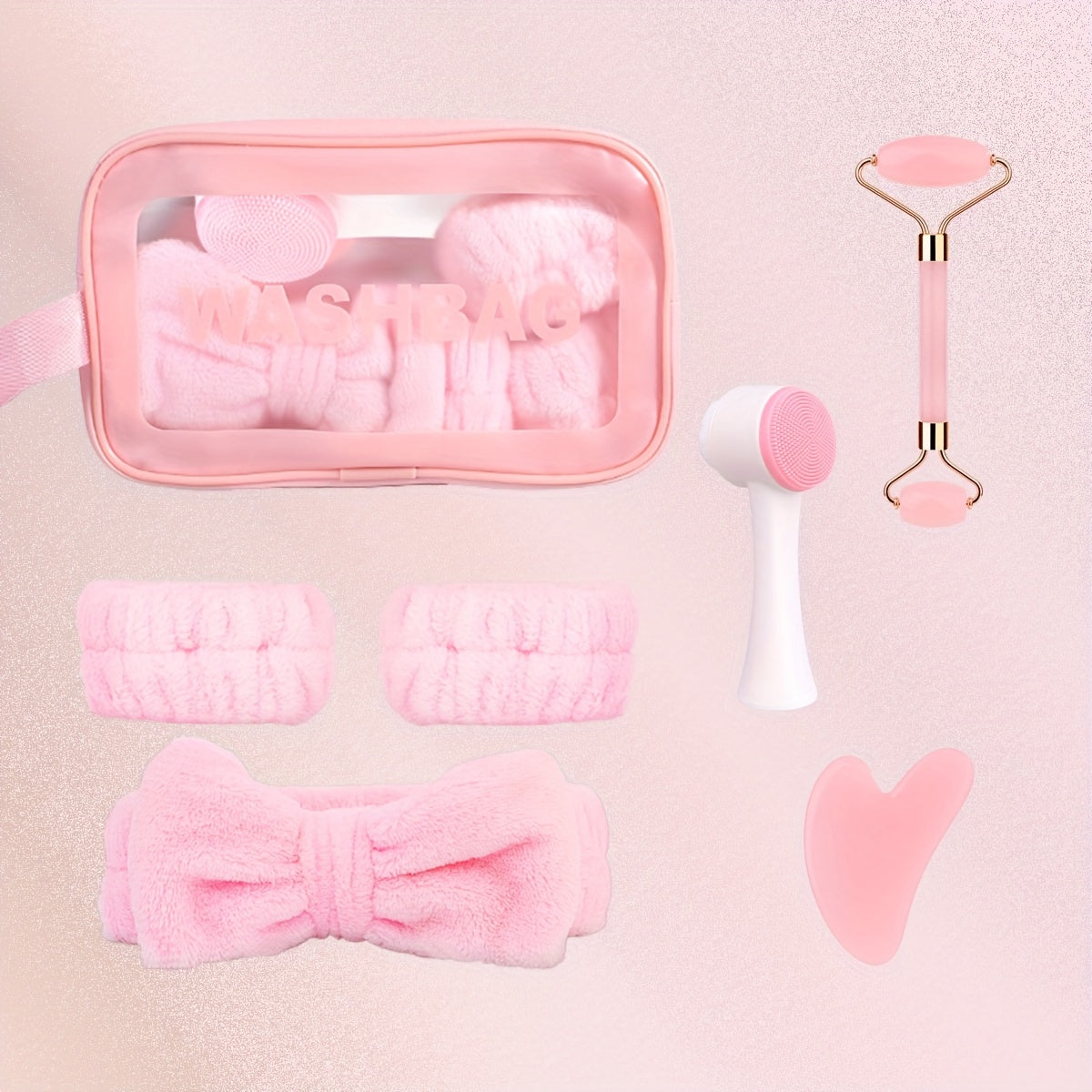 7-Piece Facial Cleansing Accessory Set with Wash Bag, Headband, Wristbands, Face Brush and Roller