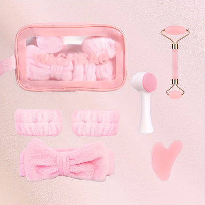 7-Piece Facial Cleansing Accessory Set with Wash Bag, Headband, Wristbands, Face Brush and Roller