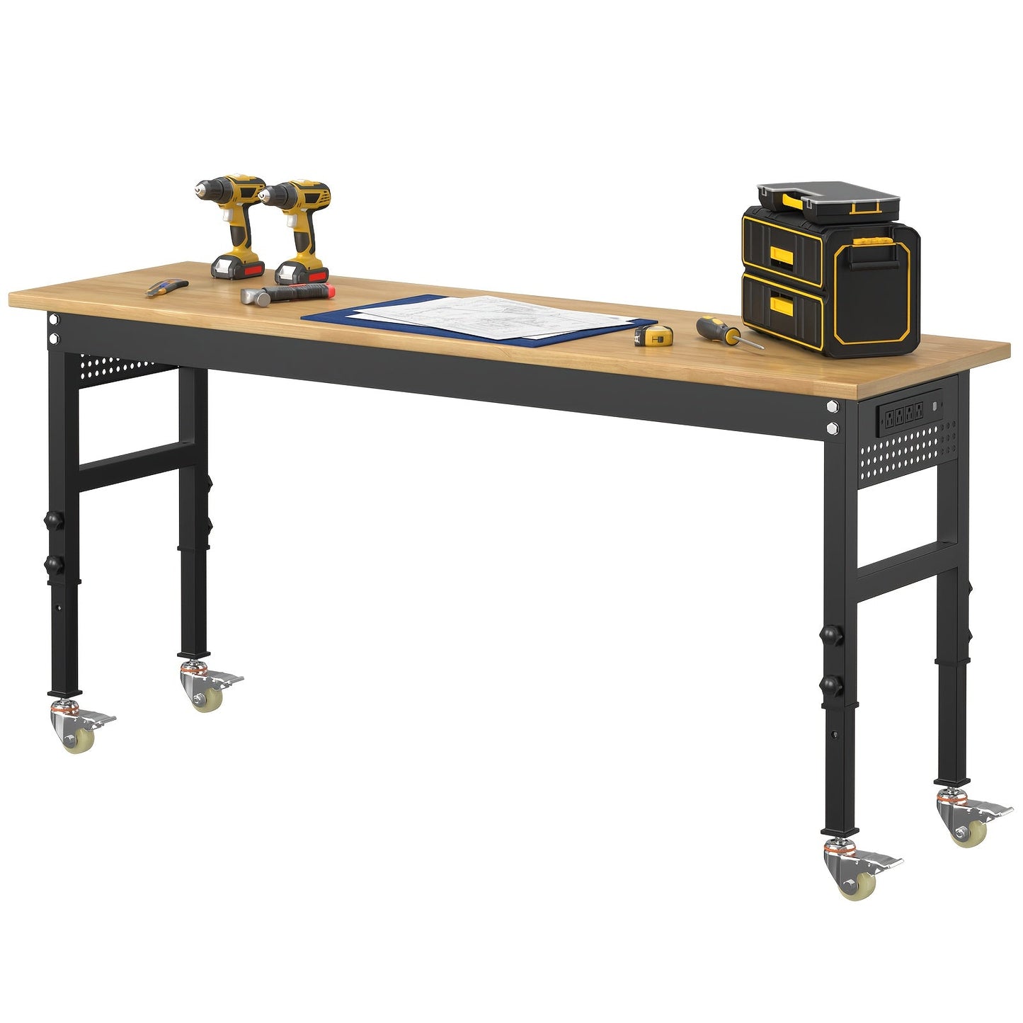 Garage Workbench Solid Wood Tool Desk with Drawers, Power Outlets & Swivel Casters, 48"/60"/70" Heavy-Duty Workshop Bench for Home Garage & Workshop