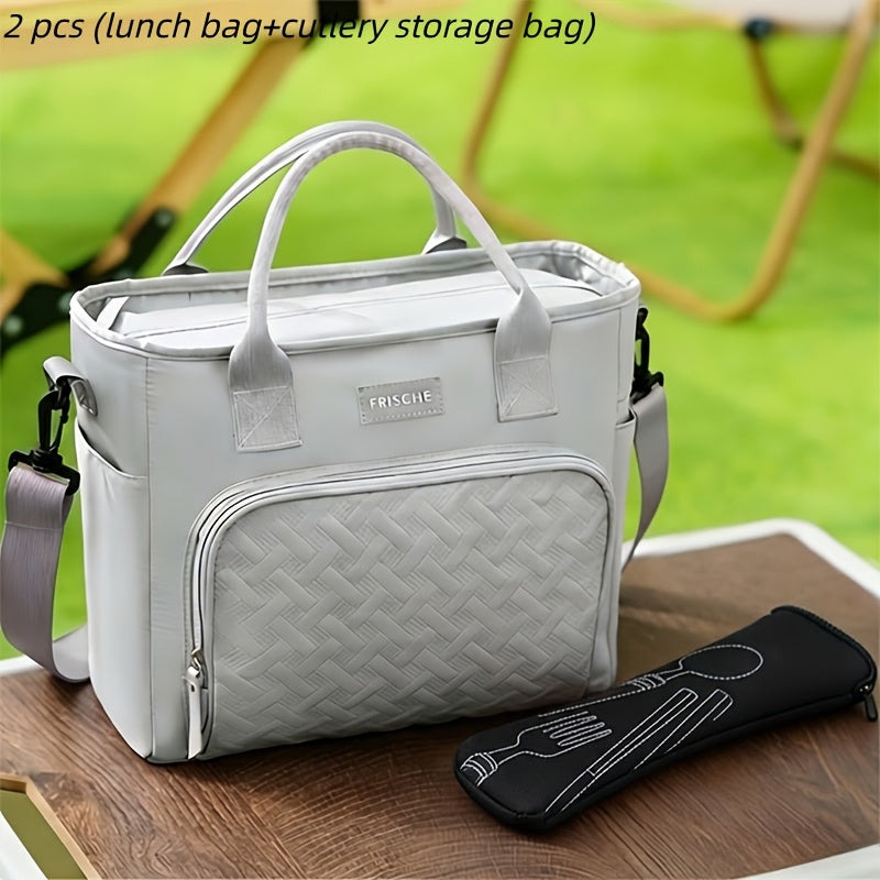 11L Quilted Lunch Bag Tote with Front Zipper Pocket, Side Tissue Pocket, Strap and Four Colors