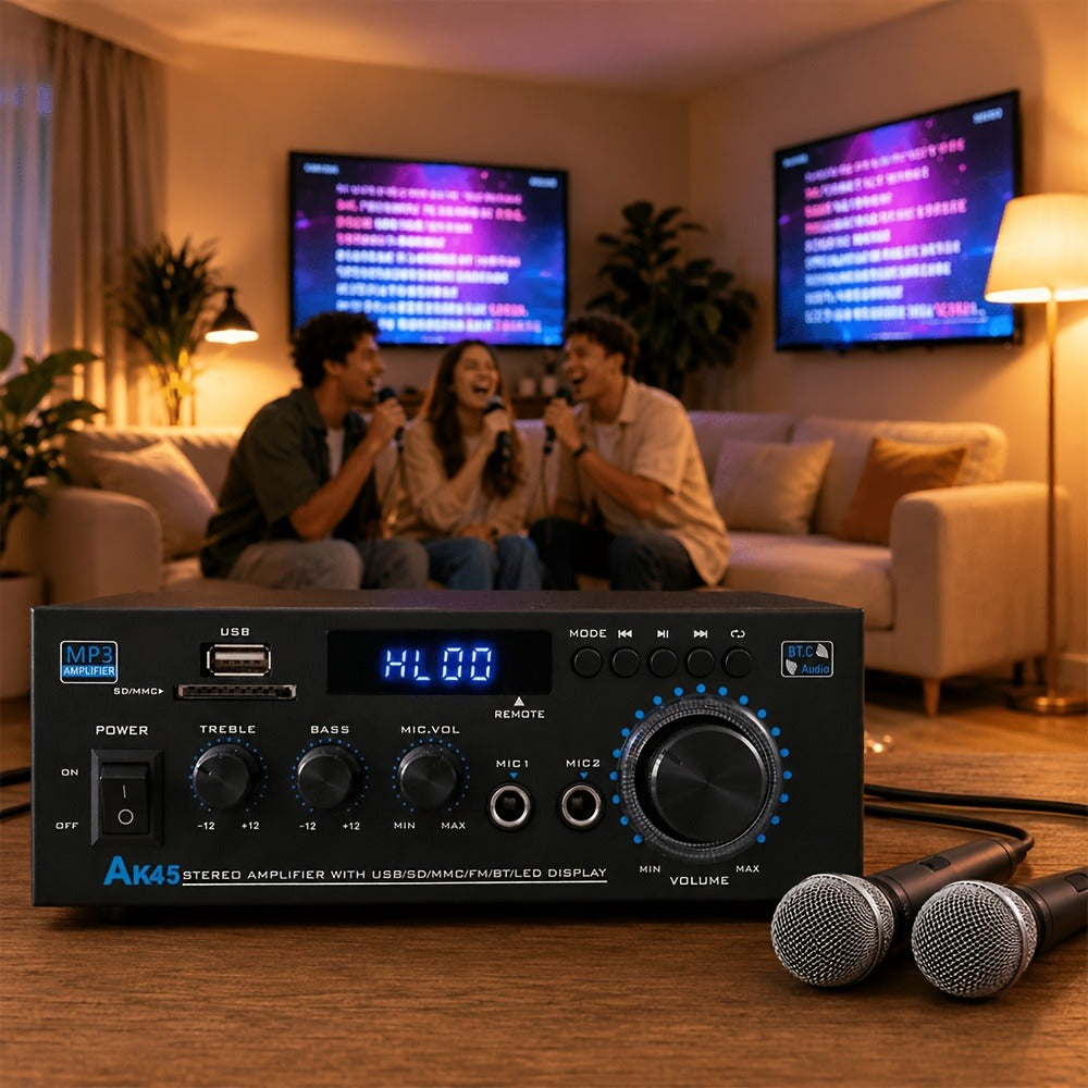 AK45 Two-Channel Bluetooth Home Audio Amplifier with FM, Karaoke Inputs, USB, MMC and SD Card Playback Options